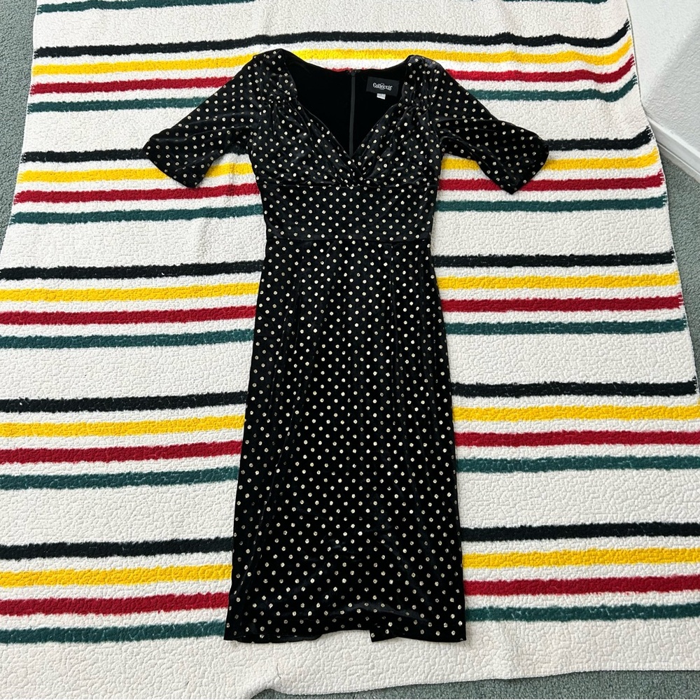 Collectif black and gold polka dot velour bodycon v neck midi dress